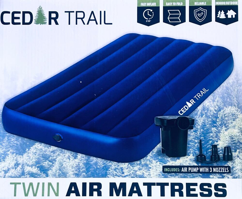 NEW! Cedar Trail Twin Air Mattress w/ Electric Air Pump & 3 Nozzles Blue